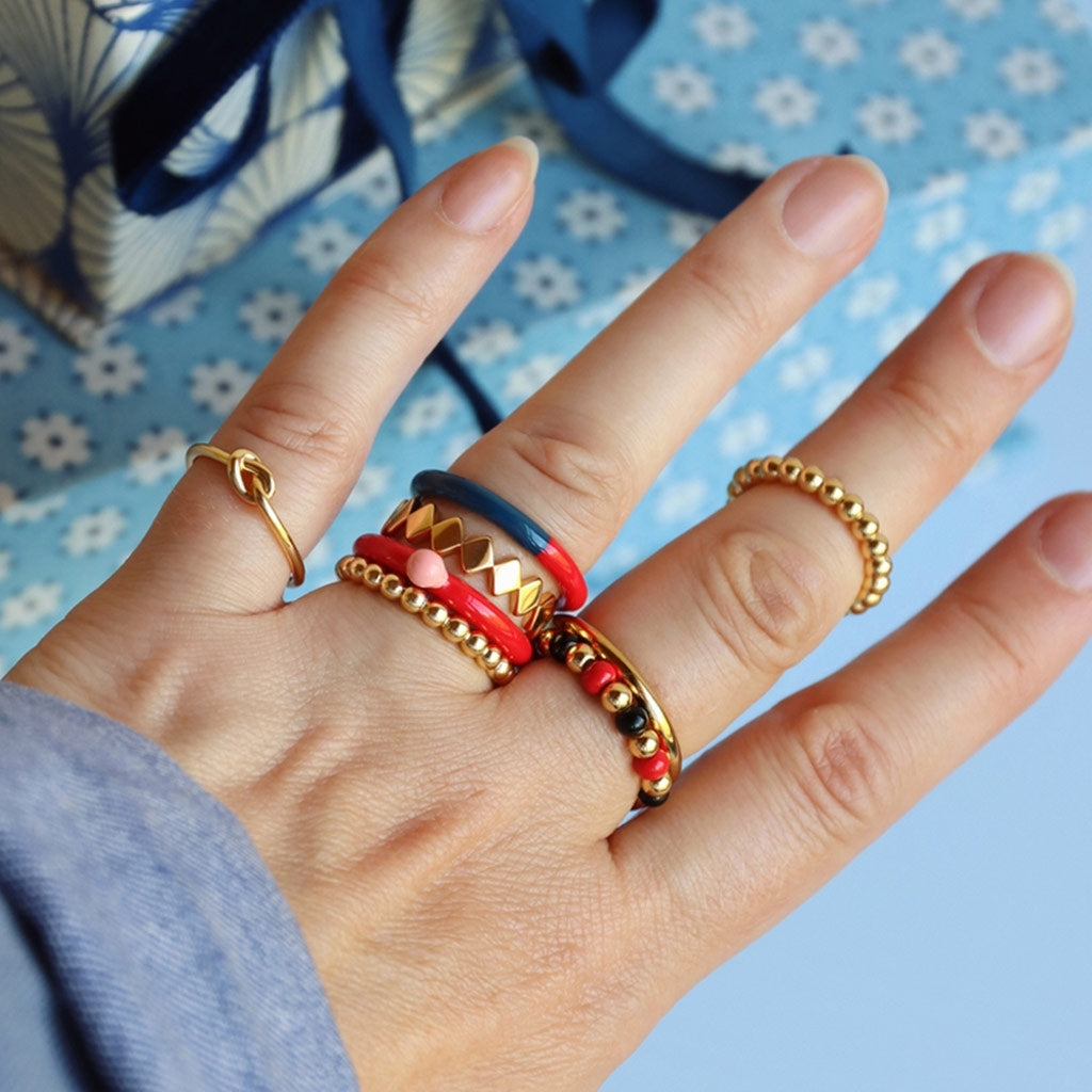 LULU Copenhagen Color Ball Beads Bague Rings Hot Coral/Black/Gold Plated