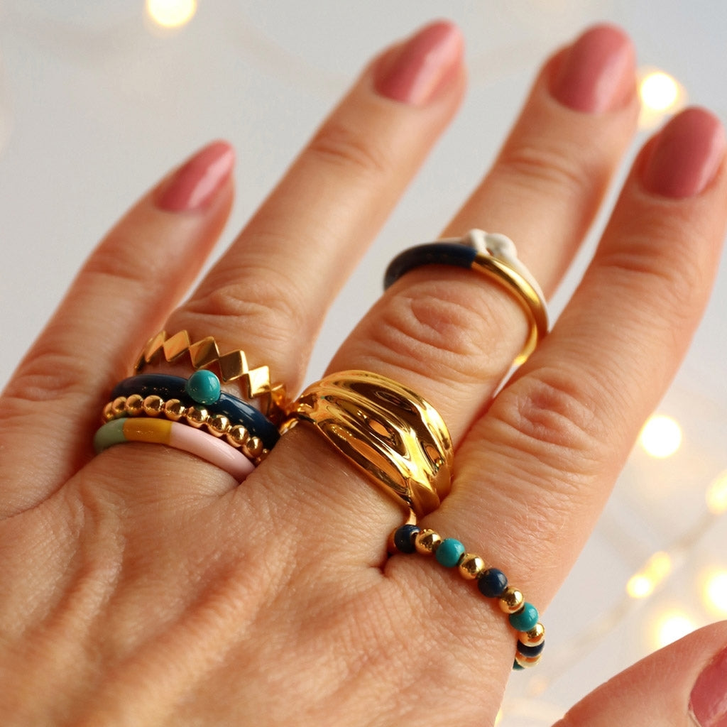 LULU Copenhagen Color Ball Beads Bague Rings Retro Blue/Retro Dark Blue/Gold Plated