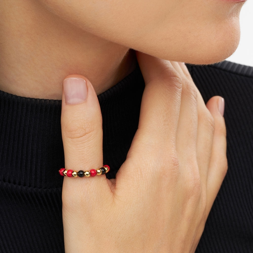 LULU Copenhagen Color Ball Beads Bague Rings Hot Coral/Black/Gold Plated