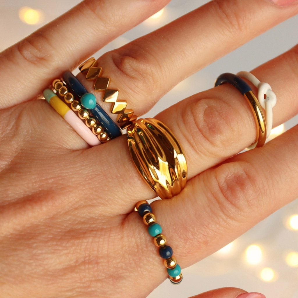 LULU Copenhagen Color Ball Beads Bague Rings Retro Blue/Retro Dark Blue/Gold Plated